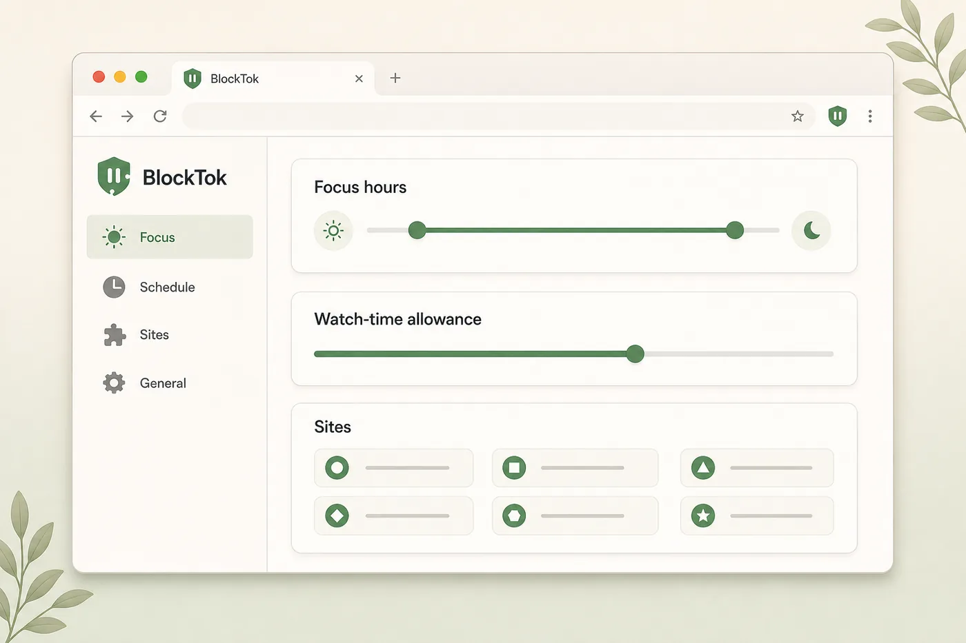 The BlockTok settings page with a Focus hours range slider, a watch-time allowance slider, and a grid of toggled sites.